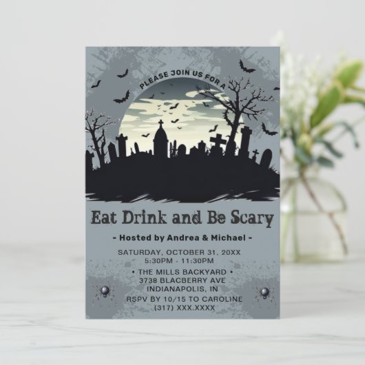 Eet Drink en wees eng Halloween feestuitnodiging Kaart (Staand voorkant)