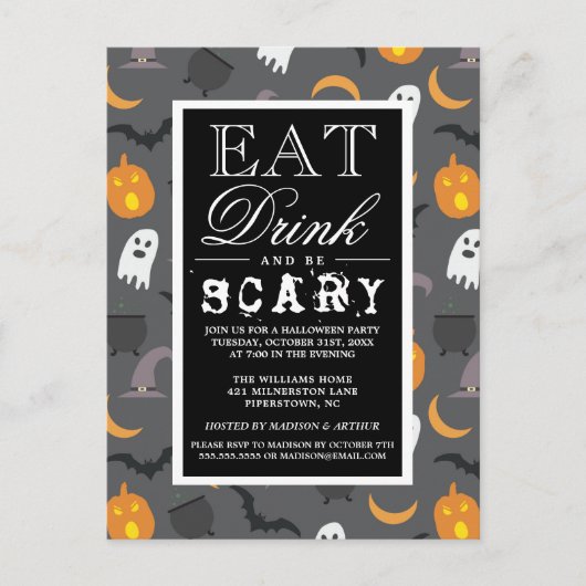 Eet Drink en wees eng | Happy Halloween-partij Uitnodiging Briefkaart (Voorkant)