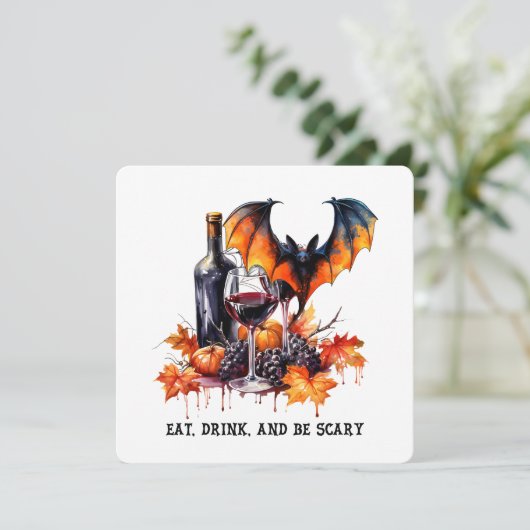 Eet, drink en wees eng Herfst Halloween Vleermuis  Feestdagenkaart (Staand voorkant)