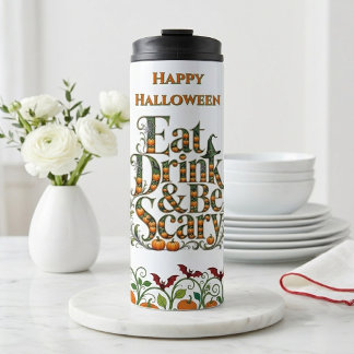 Eet, drink en wees eng moderne typografie Hallowee Thermosbeker