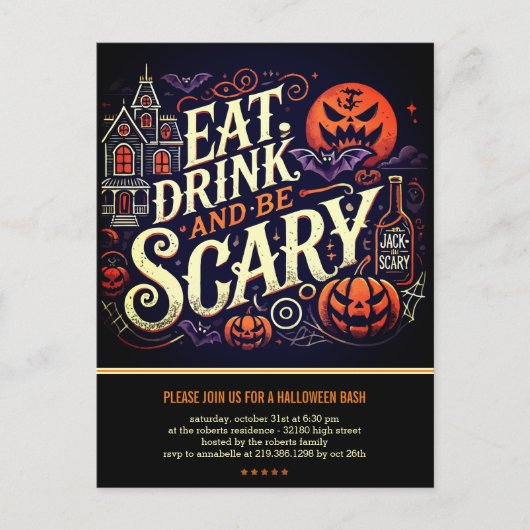Eet Drink en wees eng zwart Halloween-feest Briefkaart (Voorkant)
