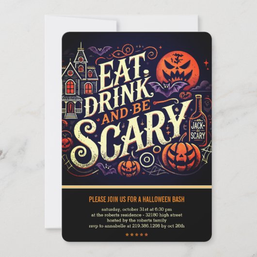 Eet Drink en wees eng zwart Halloween-feest Kaart (Voorkant)