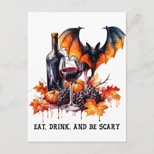Eet Drink en Wees Enge Herfst Halloween Vleermuis  Feestdagenkaart (Voorkant)