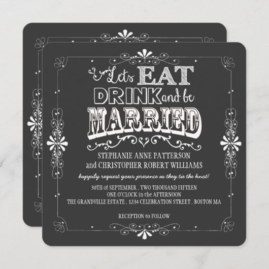 Eet, Drink en wees getrouwd Chalkboard Style Weddi Kaart (Voorkant / Achterkant)