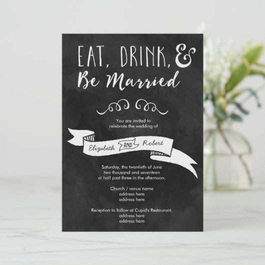 Eet, Drink en wees getrouwd Chalkboard Wedding Kaart (Staand voorkant)