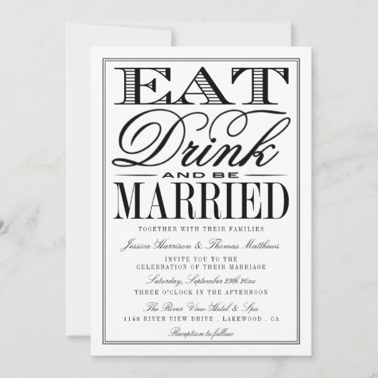 Eet, Drink en wees getrouwd Modern Black/White Wed Kaart (Voorkant)