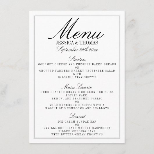 Eet, Drink en wees getrouwd Modern Black/White Wed Menu (Achterkant)