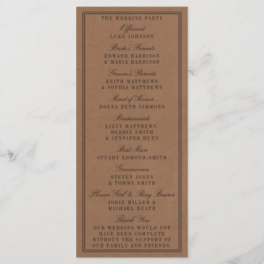Eet, Drink en wees getrouwd Rustic Kraft Wedding Programma (Achterkant)