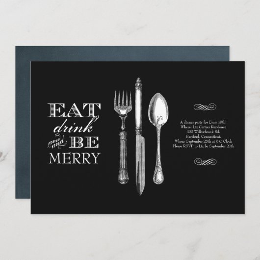 Eet, Drink en wees Merry | Uitnodiging op zwart (Voorkant / Achterkant)