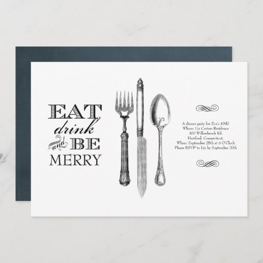 Eet, Drink en wees Merry | Uitnodiging voor wit (Voorkant / Achterkant)