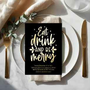 Eet, drink en wees vrolijk Goud Folie Kerstfeest Uitnodiging