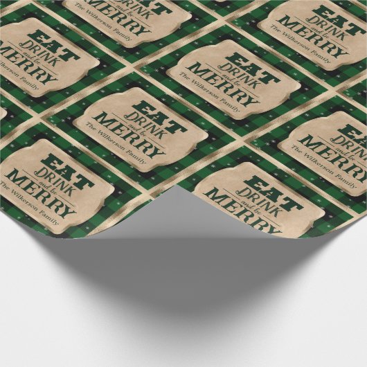 Eet Drink en wees vrolijk groen geruite kerst Cadeaupapier (Hoek)