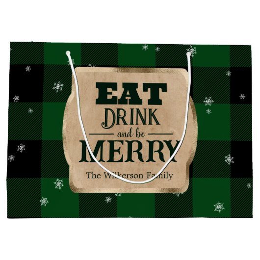 Eet Drink en wees vrolijk groen geruite kerst Groot Cadeauzakje (Achterkant)