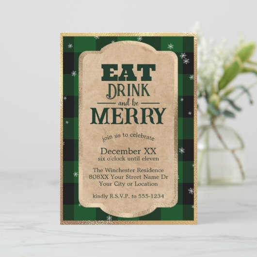 Eet Drink en wees vrolijk groen geruite kerst Kaart (Staand voorkant)