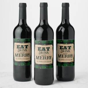 Eet, drink en wees vrolijk groene karierte Kerstmi Wijn Etiket