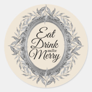 Eet Drink en wees vrolijk Kerstmis Zilveren Blader Ronde Sticker