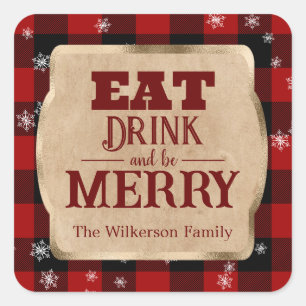 Eet, drink en wees vrolijk Rustic rood geruit Kers Vierkante Sticker