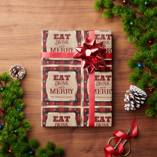 Eet Drink en wees vrolijk rustiek rood geruite ker Cadeaupapier (Feestdagen Geschenken)