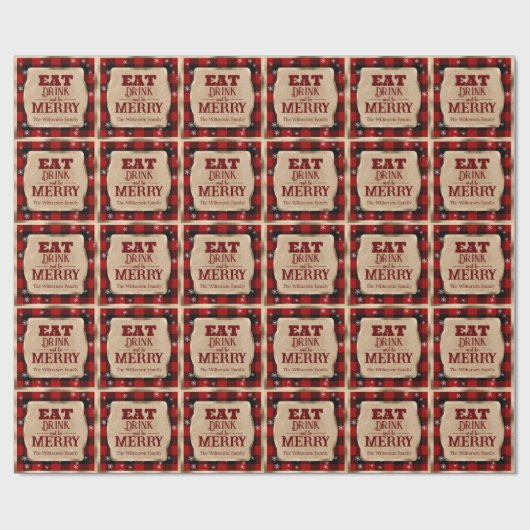 Eet Drink en wees vrolijk rustiek rood geruite ker Cadeaupapier (Vlak)