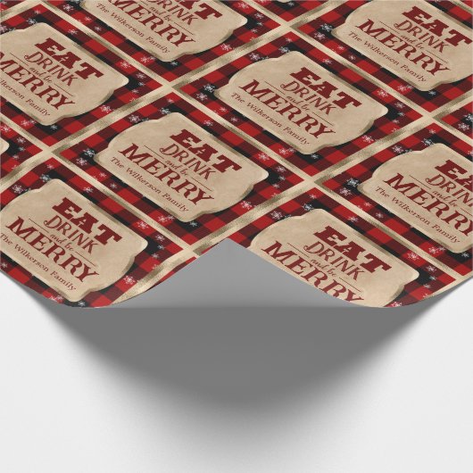 Eet Drink en wees vrolijk rustiek rood geruite ker Cadeaupapier (Hoek)