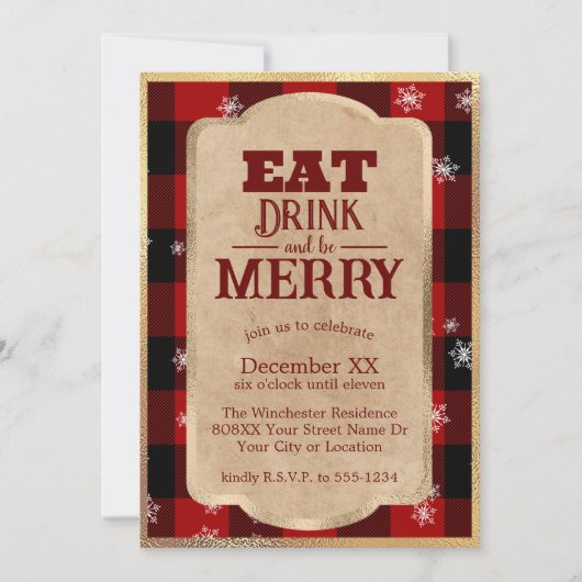 Eet Drink en wees vrolijk rustiek rood geruite ker Kaart (Voorkant)