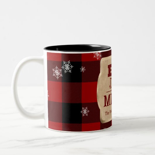 Eet Drink en wees vrolijk rustiek rood geruite ker Tweekleurige Koffiemok (Links)