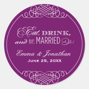 Eet Drink en wordt getrouwd Paarse bruiloft Monogr Ronde Sticker