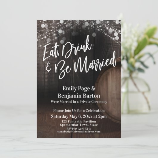 Eet, Drink & Get Getrouwd Wijnvat en Lichten Kaart (Staand voorkant)