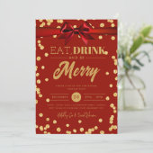 Eet Drink Gold Red Glitter Vakantie Xmas Bow Kaart (Staand voorkant)