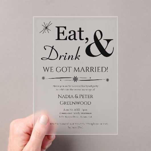 Eet Drink We zijn getrouwd Elopement bruiloft part Acryl Uitnodigingen (Insitu (Draagbaar))