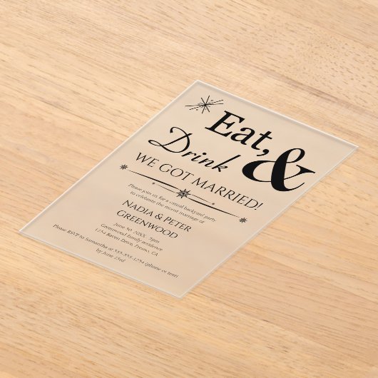 Eet Drink We zijn getrouwd Elopement bruiloft part Acryl Uitnodigingen (Laagn)