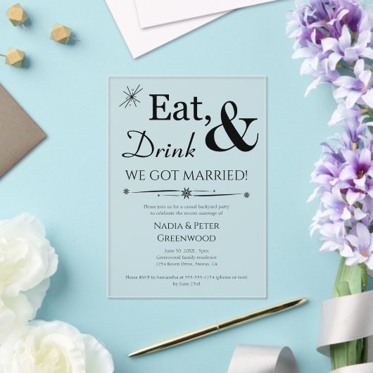 Eet Drink We zijn getrouwd Elopement bruiloft part Acryl Uitnodigingen (Insitu (Huwelijk))