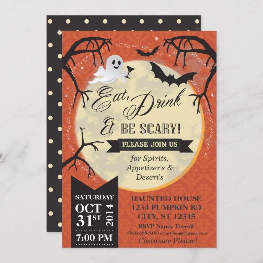 Eet, Drink & Wees eng Halloween Invite - Sinaasapp Kaart (Voorkant / Achterkant)