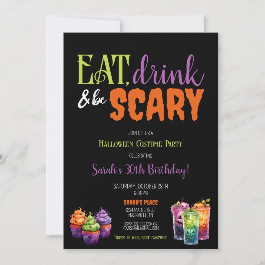 Eet, Drink & Wees eng Halloween Verjaardagsfeest Kaart (Voorkant)