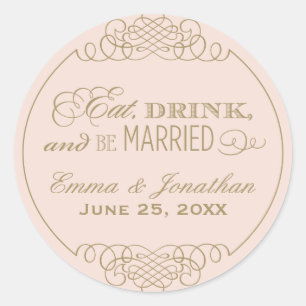 Eet Drink Wees Getrouwd Blush Gouden Monogram Ronde Sticker