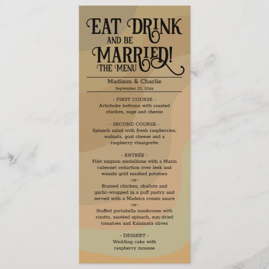 Eet Drink & Wees getrouwd Tan Retro Swirls Bruilof Menu (Voorkant)
