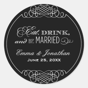 Eet Drink Wees Getrouwd Zwarte Monogram Ronde Sticker