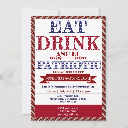 Eet Drink & Wees Patriottisch 4th Juli Zwembad & B Kaart (Voorkant)