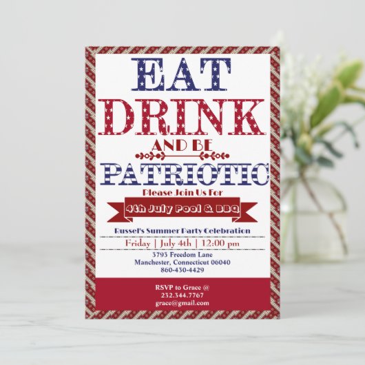 Eet Drink & Wees Patriottisch 4th Juli Zwembad & B Kaart (Staand voorkant)