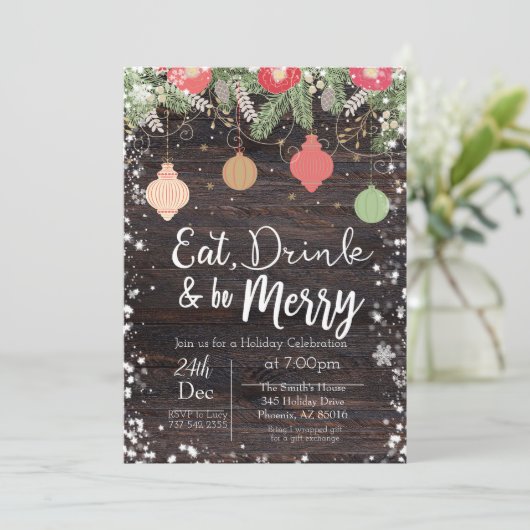 Eet, Drink & wees vrolijk Kerst Kaart, rustiek, Ke Kaart (Staand voorkant)