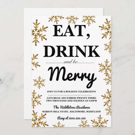 Eet Drink Wees vrolijk Kerstfeest Gouden Sneeuwvlo Kaart (Voorkant / Achterkant)