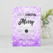 Eet, Drink Wees vrolijk Paarse Bokeh vakantie Xmas Kaart (Staand voorkant)