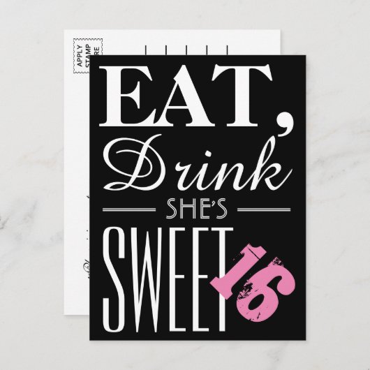 Eet, Drink, ze is lief zestien jarig Uitnodiging Briefkaart (Voorkant / Achterkant)