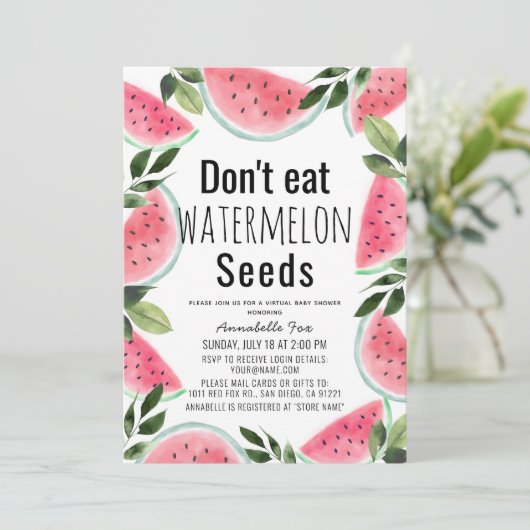 Eet geen Watermeloen Seeds Virtual Baby shower Kaart (Staand voorkant)