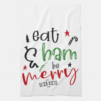 Eet Ham en wees Merry Bright Funny Christmas Theedoek