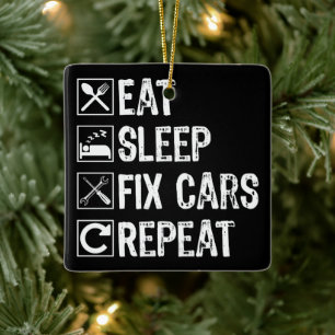 Eet slaap fix auto's herhalen grappige monteur vad keramisch ornament