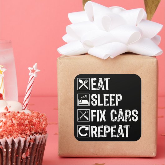 Eet slaap fix auto's herhalen grappige monteur vad vierkante sticker (Feest)