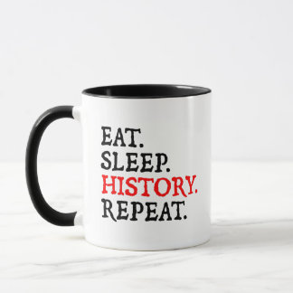 Eet. Slaap. Geschiedenis. Herhaal. Mok