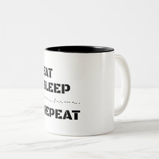 Eet slaap morse code herhalen tweekleurige koffiemok (Voorkant rechts)