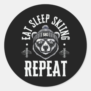 Eet Slaap Skiën Herhaal Beer Ski Instructeur Winte Ronde Sticker